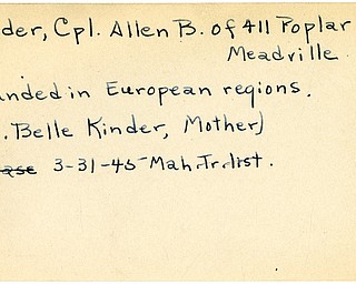 World War II, Vindicator, Allen B. Kinder, Meadville, wounded, Europe, 1945, Mahoning, Trumbull, Mrs. Belle Kinder