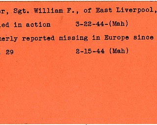 World War II, Vindicator, William F. Kiner, East Liverpool, Ohio, missing, Europe, killed, 1944, Mahoning