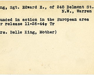 World War II, Vindicator, Edward E. King, Warren, wounded, Europe, 1944, Trumbull, Mrs. Belle King