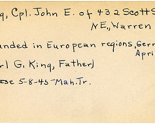 World War II, Vindicator, John E. King, Warren, wounded, Europe, Germany, 1945, Mahoning, Trumbull, Earl G. King