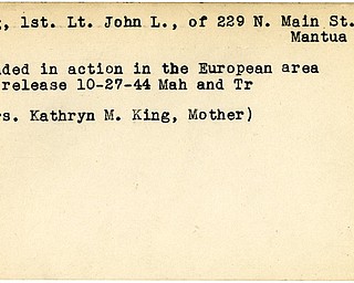 World War II, Vindicator, John L. King, Mantua, wounded, Europe, 1944, Mahoning, Trumbull, Mrs. Kathryn M. King