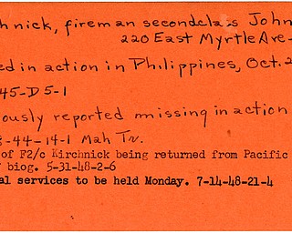 World War II, Vindicator, John S. Kirchnick, City, missing, 1944, killed, Philippines, 1945, body retunred to U.S., Pacific, funeral, 1948
