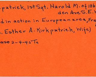 World War II, Vindicator, Harold M. Kirkpatrick, Warren, killed, Europe, France, 1945, Mrs. Esther A. Kirkpatrick