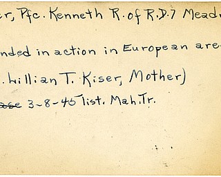 World War II, Vindicator, Kenneth R. Kiser, Meadville, wounded, Europe, 1945, Mahoning, Trumbull, Mrs. Lillian T. Kiser