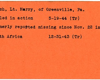 World War II, Vindicator, Harry Kitch, Greenville, Pennsylvania, missing, North Africa, 1943, killed, 1944, Trumbull