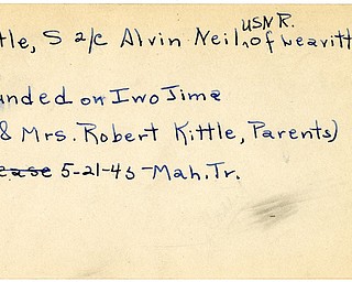World War II, Vindicator, Alvin Neil Kittle, Leavittsburg, wounded, Iwo Jima, 1945, Mahoning, Trumbull, Mr. & Mrs. Robert Kittle