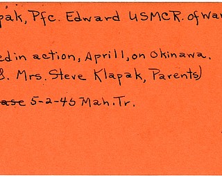 World War II, Vindicator, Edward Klapak, Warren, killed, Okinawa, 1945, Mahoning, Trumbull, Mr. & Mrs. Steve Klapak