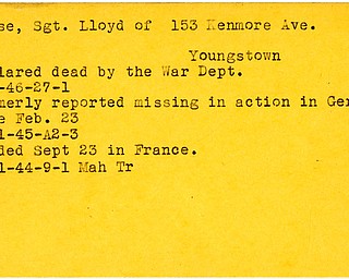 World War II, Vindicator, Lloyd Kleese, Youngstown, wounded, France, 1944, missing, Germany, 1945, declared, dead, 1946, War Department