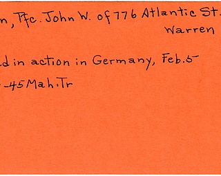World War II, Vindicator, John W. Klein, Warren, killed, Germany, 1945, Mahoning, Trumbull