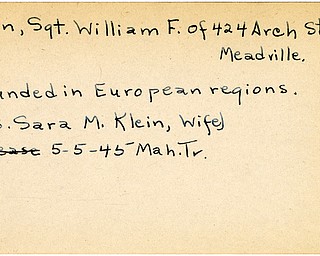 World War II, Vindicator, William F. Klein, Meadville, wounded, Europe, 1945, Mahoning, Trumbull, Mrs. Sara M. Klein