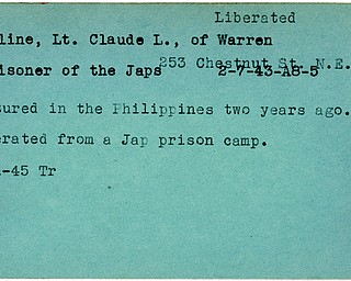 World War II, Vindicator, Claude L. Kline, Warren, prisoner, Japanese, Japs, Japan, 1943, captured, Philippines, two years ago, liberated, 1945, Trumbull