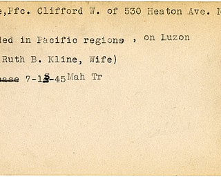 World War II, Vindicator, Clifford W. Kline, Niles, wounded, Pacific, Luzon, 1945, Mahoning, Trumbull, Mrs. Ruth B. Kline