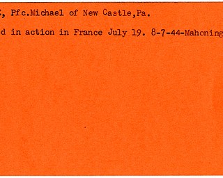 World War II, Vindicator, Michael Kline, New Castle, Pennsylvania, killed, France, 1944, Mahoning