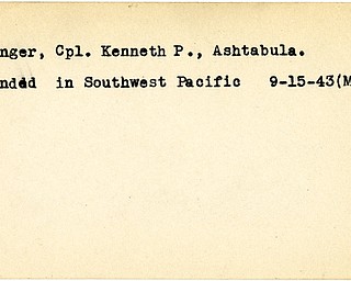 World War II, Vindicator, Kenneth P. Klinger, Ashtabula, wounded, Southwest Pacific, 1943, Mahoning, Trumbull
