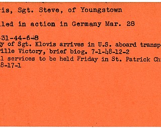 World War II, Vindicator, Steve Klovis, Youngstown, killed, Germany, 1944, body arrives in U.S., Greenville Victory, 1948, funeral, St. Patrick Church