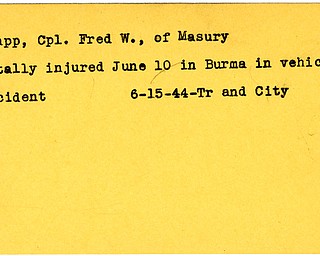 World War II, Vindicator, Fred W. Knapp, Masury, injured, wounded, fatally, Burma, vehicle accident, 1944, Trumbull, City
