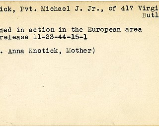 World War II, Vindicator, Michael J. Knotick Jr., Butler, wounded, Europe, 1944, Mrs. Anna Knotick