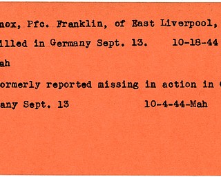 World War II, Vindicator, Franklin Knox, East Liverpool, missing, Germany, killed, 1944, Mahoning