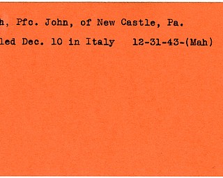 World War II, Vindicator, John Koch, New Castle, Pennsylvania, killed, Italy, 1943, Mahoning