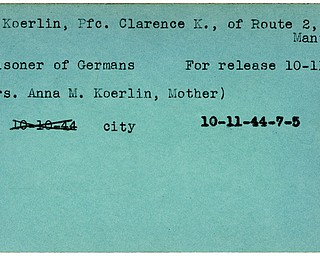 World War II, Vindicator, Clarence K. Koerlin, Mantua, prisoner, Germans, Germany, 1944, city, Mrs. Anna M. Koerlin