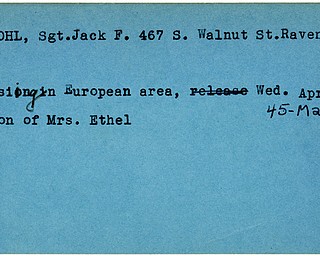 World War II, Vindicator, Jack F. Kohl, Ravenna, missing, Europe, 1945, Mahoning, Trumbull, Mrs. Ethel