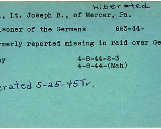 World War II, Vindicator, Joseph B. Koi, Mercer, Pennsylvania, missing, raid over Germany, prisoner, Germans, Germany, liberated, 1945, Trumbull