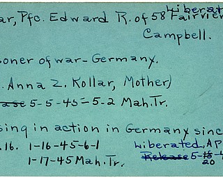 World War II, Vindicator, Edward R. Kollar, Campbell, liberated, prisoner, Germany, missing, 1945, Mahoning, Trumbull, Mrs. Anna Z. Kollar