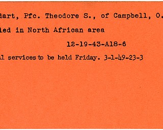 World War II, Vindicator, Theodore S. Kondart, Campbell, Ohio, killed, North Africa, 1943, funeral, 1949