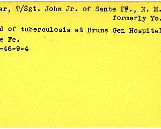 World War II, Vindicator, John Koniar Jr., Sante Fe, New Mexico, Youngstown, died, tuberculosis, Bruns Gen Hospital, 1946