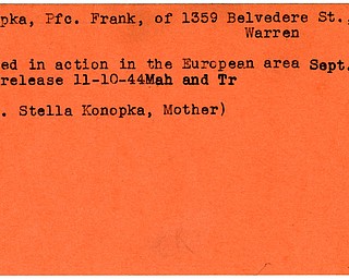 World War II, Vindicator, Frank Konopka, Warren, killed, Europe, 1944, Mahoning, Trumbull, Mrs. Stella Konopka