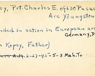 World War II, Vindicator, Charles E. Kopey, Youngstown, wounded, Europe, Germany, 1945, Mahoning, Trumbull, John Kopey