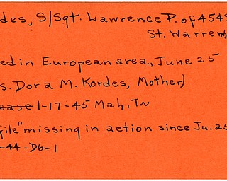 World War II, Vindicator, Lawrence P. Kordes, Warren, missing, killed, Europe, 1944, Mrs. Dora M. Kordes, Mahoning, Trumbull, 1945