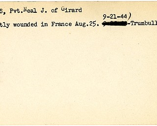 World War II, Vindicator, Neal J. Kortes, Girard, wounded, France, 1944, Trumbull