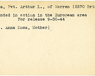 World War II, Vindicator, Arthur L. Kosa, Warren, wounded, Europe, 1944, Mrs. Anna Kosa