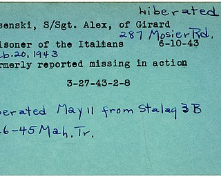 World War II, Vindicator, Alex Kosenski, Girard, prisoner, Italians, Italy, missing, 1943, liberated, Stalag 3B, 1945, Mahoning, Trumbull