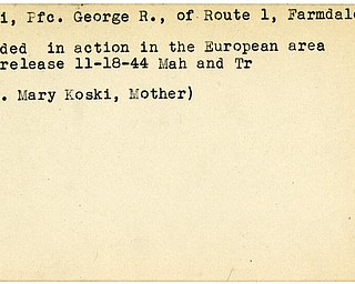 World War II, Vindicator, George R. Koski, Farmdale, wounded, Europe, 1944, Mahoning, Trumbull, Mrs. Mary Koski