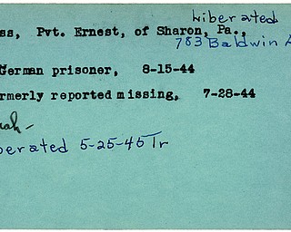 World War II, Vindicator, Ernest Koss, Sharon, Pennsylvania, German Prisoner, prisoner, missing, 1944, liberated, 1945, Mahoning