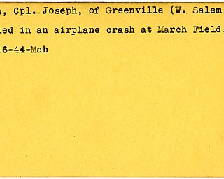 World War II, Vindicator, Joseph Koss, Greenville, W. Salem Township, killed, airplane crash, March Field, California, 1944, Mahoning