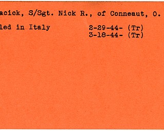 World War II, Vindicator, Nick R. Kovacick, Conneaut, Ohio, killed, Italy, 1944, Trumbull