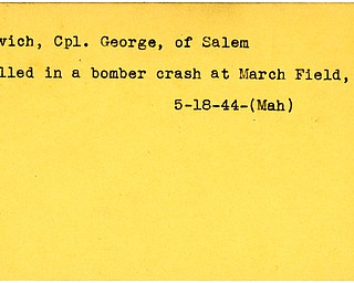 World War II, Vindicator, George Kovich, Salem, killed, bomber crash, March Field, California, 1944, Mahoning