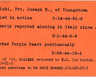 World War II, Vindicator, Joseph E. Kozicki, Youngstown, killed, 1944, missing, Italy, Awarded, Purple Heart, posthunously, body returned to U.S, burial, funeral services, 1949