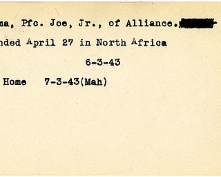 World War II, Vindicator, Joe Kozma Jr., Alliance, wounded, North Africa, 1943, Home, Mahoning