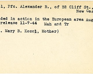 World War II, Vindicator, Alexander R. Kozol, New Castle, wounded, Europe, 1944, Mahoning, Trumbull, Mrs. Mary B. Kozol