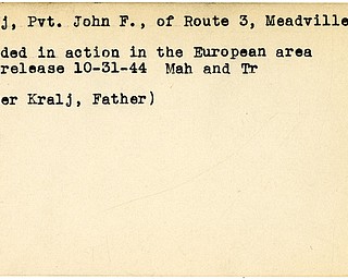 World War II, Vindicator, John F. Kralj, Meadville, wounded, Europe, 1944, Mahoning, Trumbull, Peter Kralj