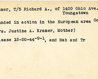 World War II, Vindicator, Richard A. Kramer, Youngstown, wounded, Europe, 1944, Mahoning, Trumbull, Mrs. Justine A. Kramer