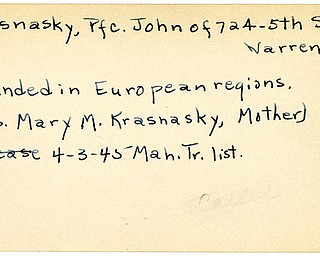 World War II, Vindicator, John Krasnasky, Warren, wounded, Europe, 1945, Mahoning, Trumbull, Mrs. Mary M. Krasnasky