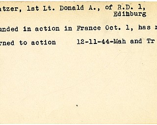 World War II, Vindicator, Donald A. Kratzer, Edinburg, wounded, France, returned to action, 1944, Mahoning, Trumbull