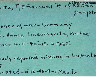 World War II, Vindicator, Samuel B. Kravitz, Youngstown, missing, Luxembourg, prisoner, Germany, liberated, 1945, Mahoning, Trumbull, Mrs. Annie Lacomavitz