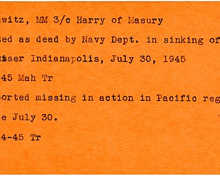 World War II, Vindicator, Harry Krawitz, Masury, listed as dead, Navy Department, sinking of cruiser Indianapolis, 1945, Mahoning, Trumbull, missing, Pacific