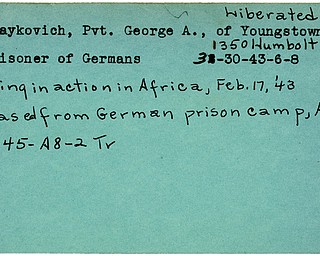 World War II, Vindicator, George A. Kraykovich, Youngstown, prisoner, Germans, Germany, 1943, missing, Africa, liberated, released from German prison camp, 1945, Trumbull